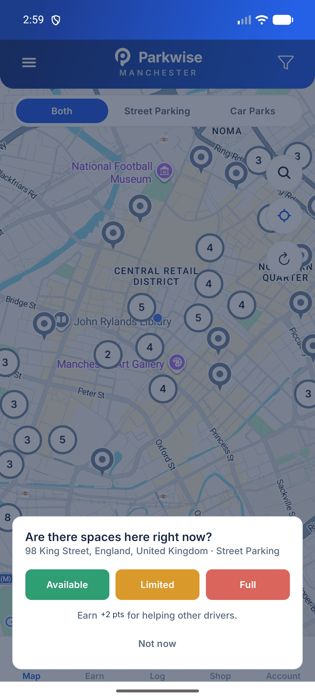 Parkwise availability prompt asking if there are spaces right now