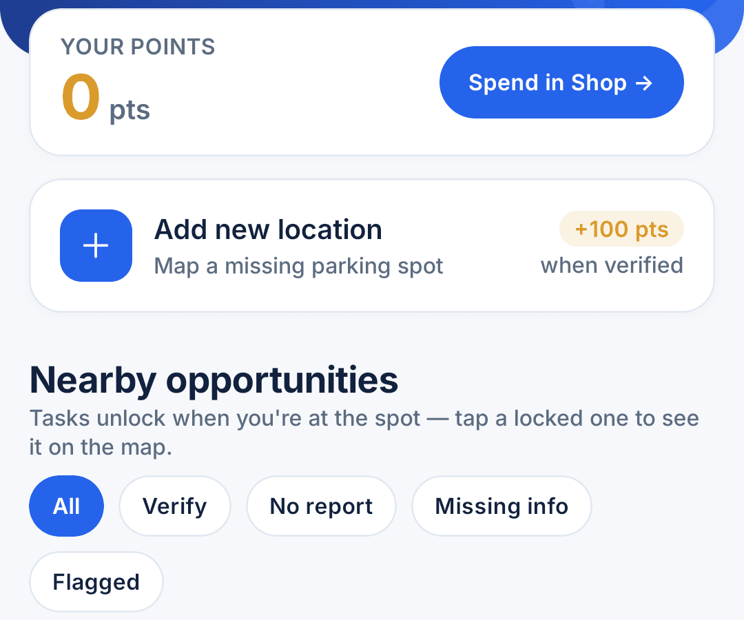 Parkwise Earn tab showing points balance and nearby opportunities