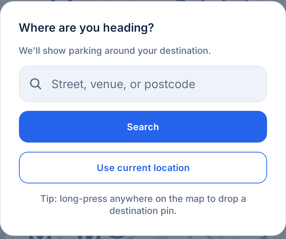 Parkwise destination search asking where you are heading