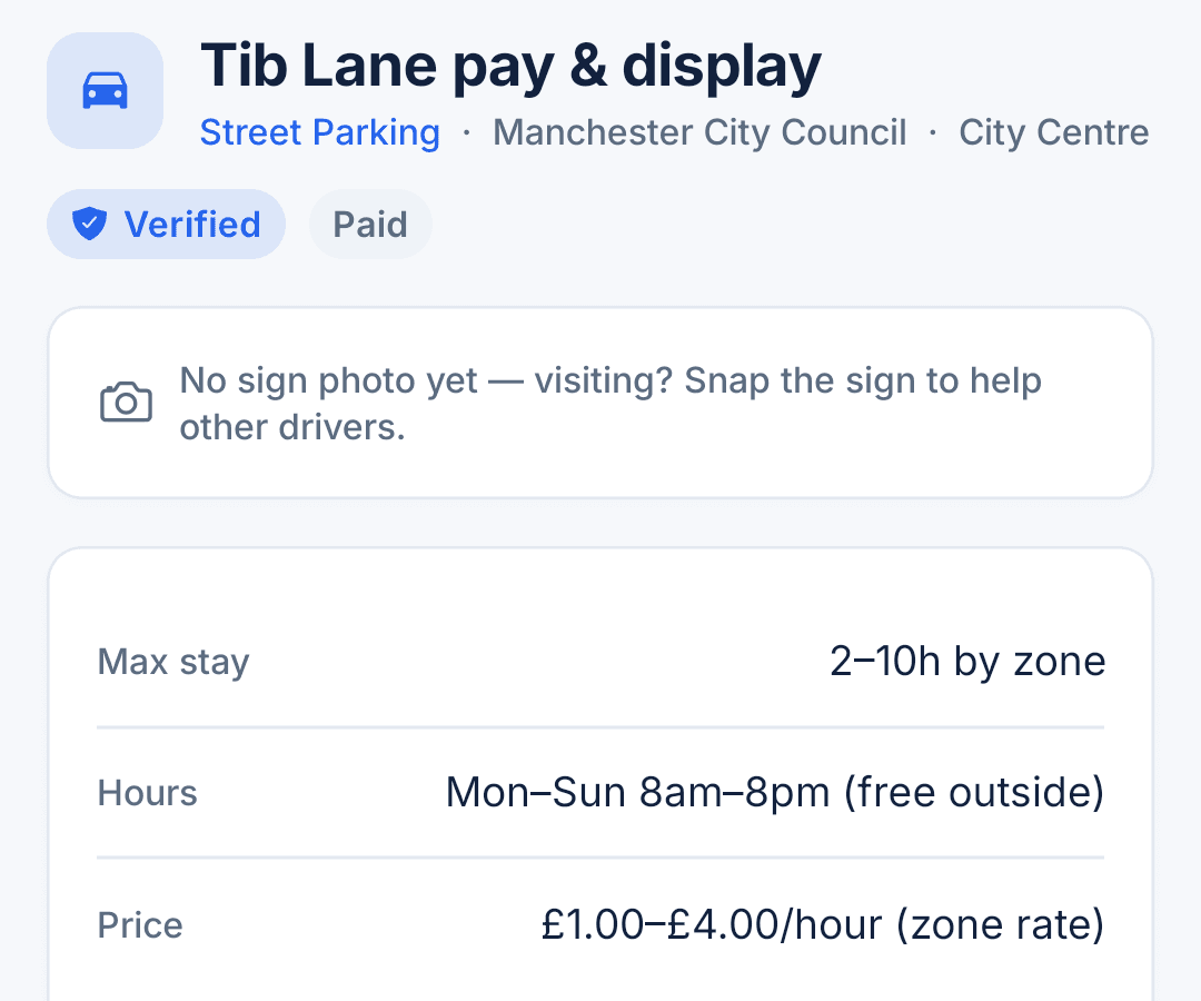 Parkwise spot detail with verified badge, price, max stay, and hours