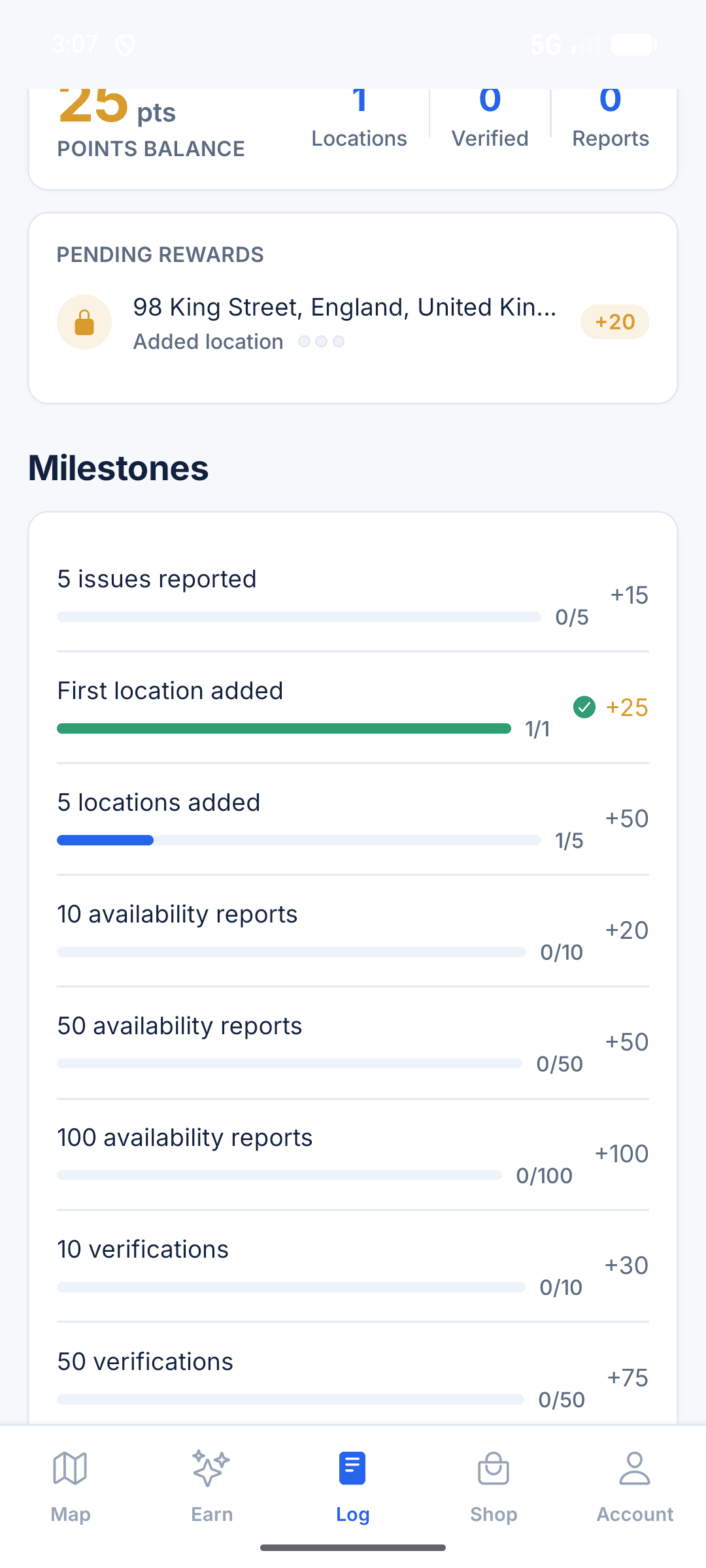 Parkwise log screen showing points balance and milestones