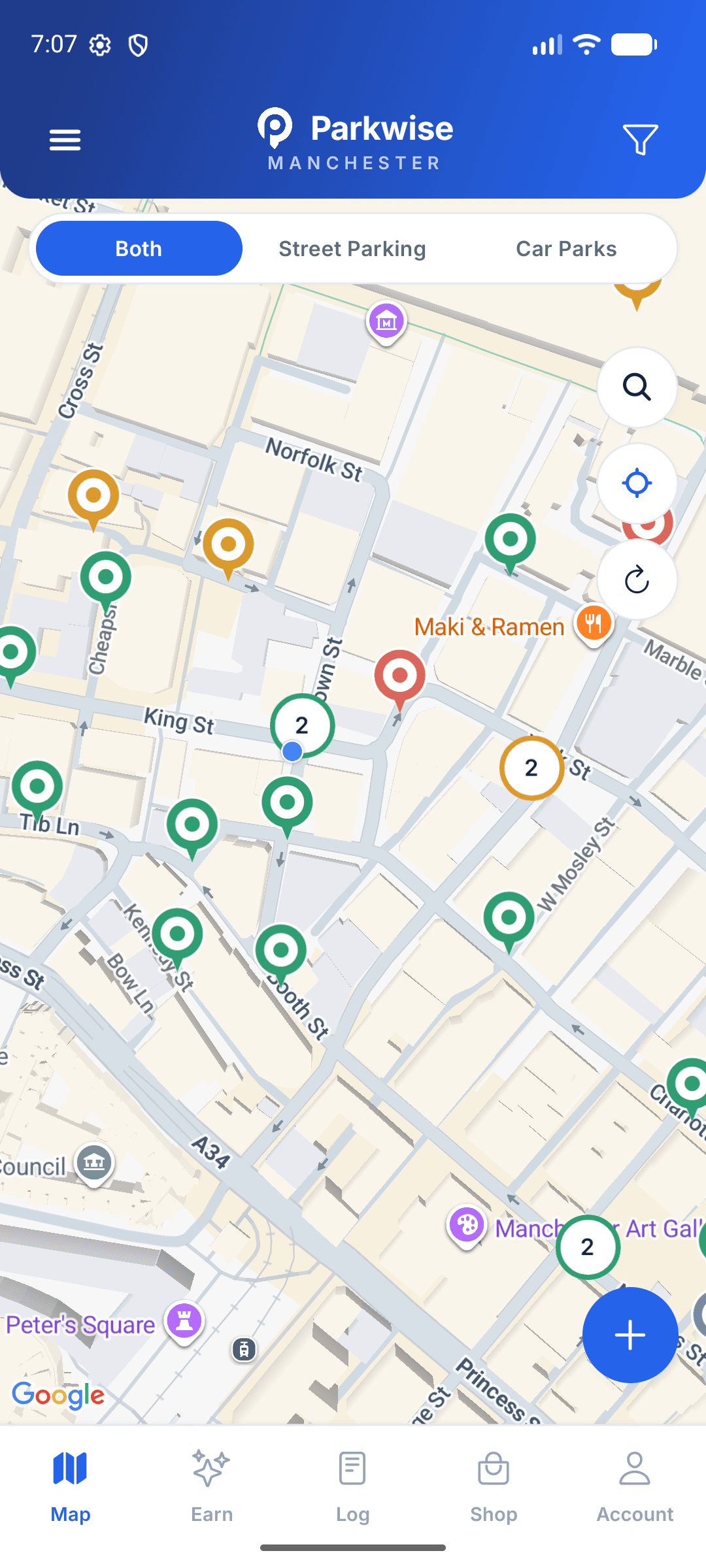 Parkwise map of central Manchester showing live parking markers and clusters